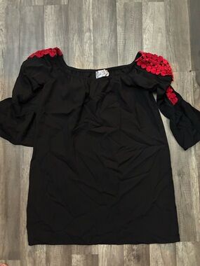 VAVA Off-Shoulder Black Mini Dress with Red Crochet Detail